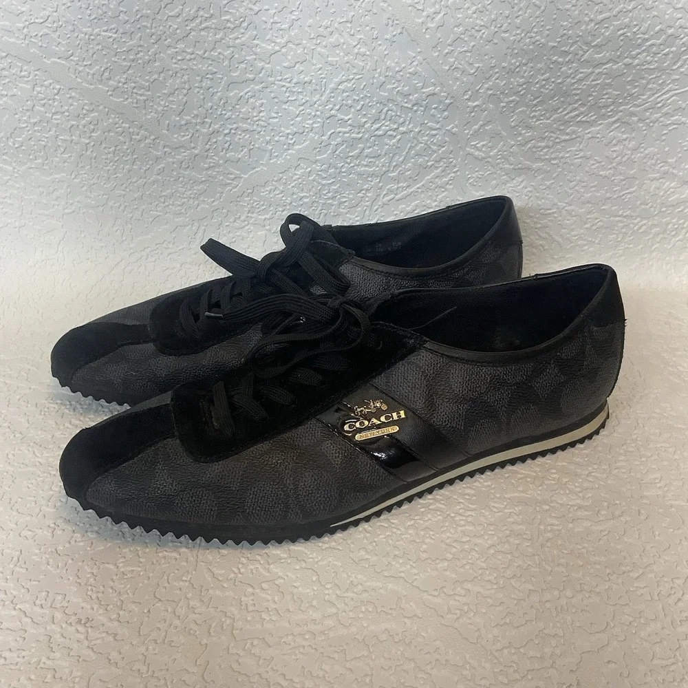 COACH Signature‎ IVY Leather Trainer Black Sneakers Laced Shoes Womens Sz 9.5